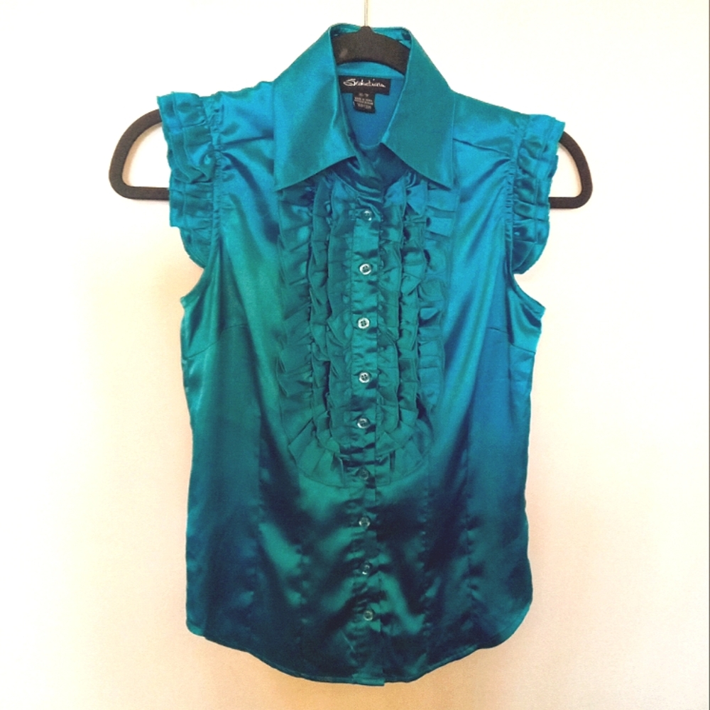 Seduction Women's Blue Satin Tuxedo Ruffle Button Up Blouse Fits Small
